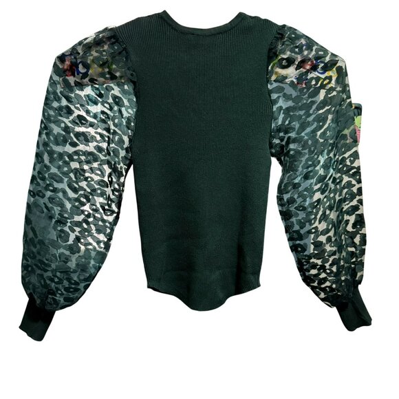 Entro Forest Green Mini Rib Stretch Top Sz S Sheer Artsy Long Balloon Sleeves - Picture 3 of 6